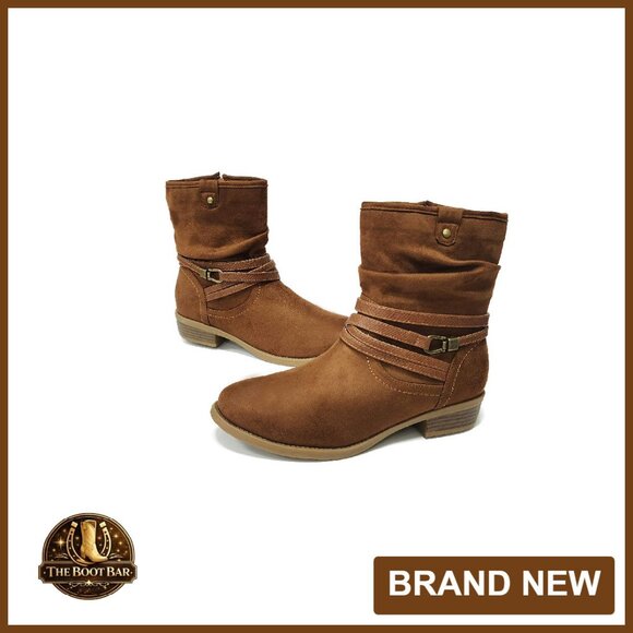 Mid Calf Boots Round Toe Low Heel Slouchy Bootie Side Zipper Buckle Strap